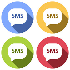 sms icon. Set of white icons with long shadow on blue, orange, green and red colored circles. Sticker style