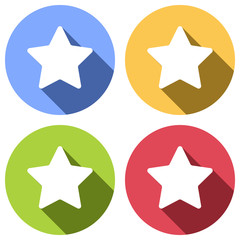 Star icon. Set of white icons with long shadow on blue, orange, green and red colored circles. Sticker style