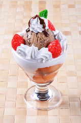 Chocolate ice cream sundae on the table     