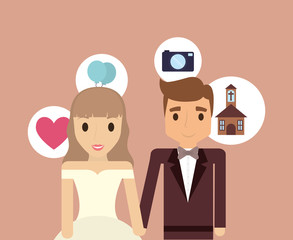 Obraz na płótnie Canvas cartoon wedding couple with related icons around over brown background, colorful design. vector illustration