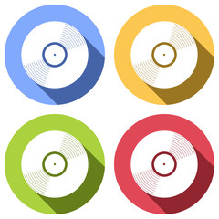 vinyl icon. Set of white icons with long shadow on blue, orange, green and red colored circles. Sticker style