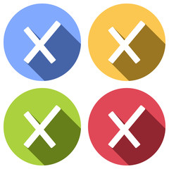 Obraz premium Wrong mark icon. Set of white icons with long shadow on blue, orange, green and red colored circles. Sticker style