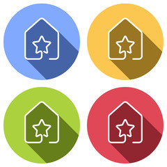 house with star icon. line style. Set of white icons with long shadow on blue, orange, green and red colored circles. Sticker style
