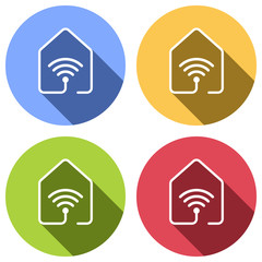 house with wifi icon. line style. Set of white icons with long shadow on blue, orange, green and red colored circles. Sticker style