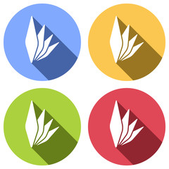 leaf bamboo. simple silhouette. Set of white icons with long shadow on blue, orange, green and red colored circles. Sticker style