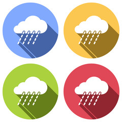 rain, weather icon. Set of white icons with long shadow on blue, orange, green and red colored circles. Sticker style