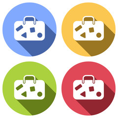 traveling bag, luggage, case. Set of white icons with long shadow on blue, orange, green and red colored circles. Sticker style