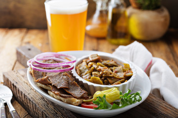 Gyro plate with meat on a pita