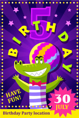 Birthday party poster or flier for kids with a cute crocodile. funny clown in cartoon style.