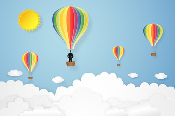 Businessman in the colorful hot air balloon and sunny under blue sky as paper art, craft style and business new year start up concept. vector illustration.