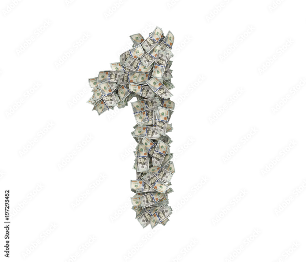 Poster 3d rendering of a large number 1 made of countless 100 dollar bills on a white background.