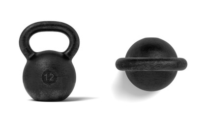 3d rendering of two black metal 12 kg kettlebells, one in front view and one in top view.