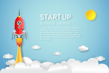 Rocket launch on the clouds and blue sky as paper art, craft style and business Startup project concept. flat design vector illustration.