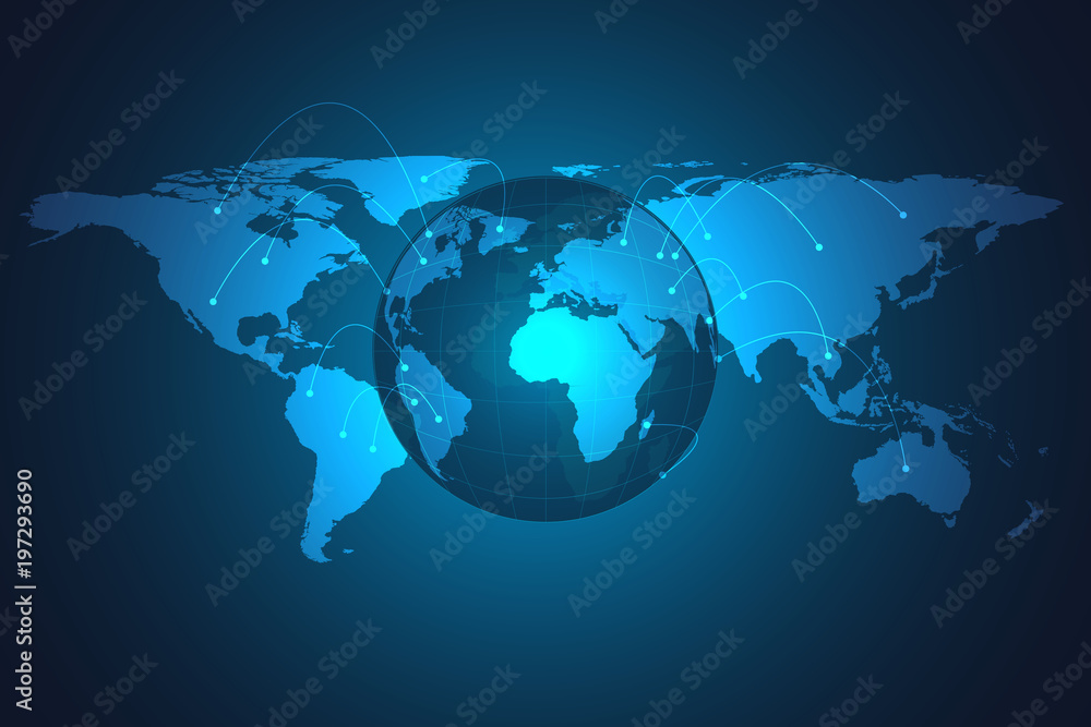 Aufkleber global network connection. blue globe hexagonal mesh and line isolated on white as business, composi