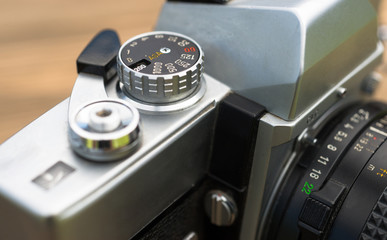 Fototapeta na wymiar Vintage Manual Focus 35mm SLR Camera Wind Lever Viewfinder