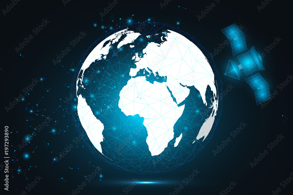 Poster satellite and global network connection. world hexagonal polygon mesh as business, composition conce