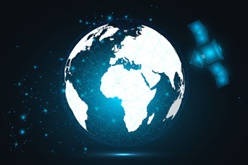 Satellite and global network connection. World hexagonal polygon mesh as business, composition concept. Vector Illustration.