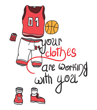 sports clothing for basketball players, clothes without a player,vector image,outline style,image with lettering