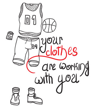 sports clothing for basketball players, clothes without a player,vector image,outline style,image with lettering,black and white picture