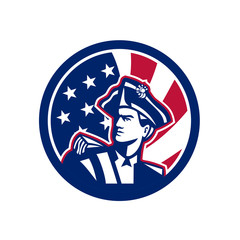 Icon retro style illustration of an American patriot or militia minuteman looking up with United States of America USA star spangled banner or stars and stripes flag inside circle isolated background.