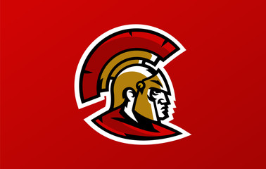 Colorful head logo of the Spartan warrior, Corinthian helmet, Greek soldier, hoplite. Identity sports club, vector illustration.