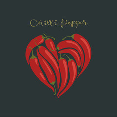 Red hot chilli peppers in a heart shape on the black background.