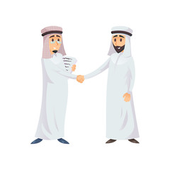 Arabian business men in traditional clothes shaking hands on white background.