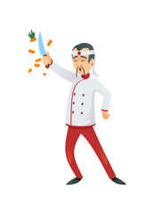 Professional Japanese chef cutting carrot in mid-air on white background.