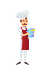 Cheerful adult chef with mustache holding pot on white background.