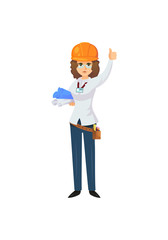 Vector character of engineer with rolled blueprints showing approval thumb up isolated on white. 