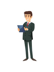 Vector character of content formal man in suit using portable pad isolated on white. 