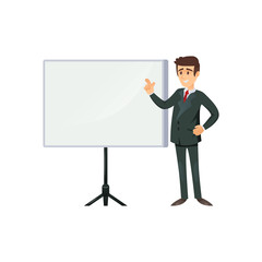 Flat design of office worker pointing at board doing business presentation. 
