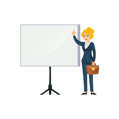 Flat style of businesswoman character with briefcase pointing at interactive board. 