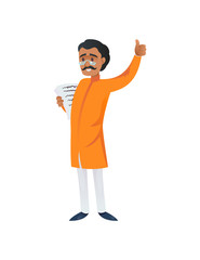 Character of Indian man with papers showing thumb up on white backdrop. 