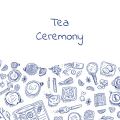 Blue colored tea ceremony words and sweets and utensils pattern.