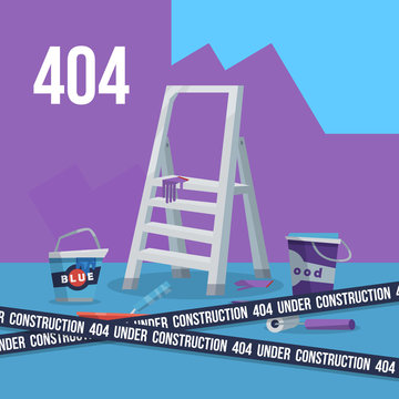 Website 404 Mistake Page And Ladder With Paint And Tools And Under Construction Line.