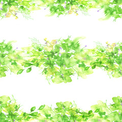     Seamless watercolor background with abstract pattern, green, yellow spots, splash of paint, silhouette of petals, branches, leaves. Beautiful pattern for your design. Art illustration for cards. 