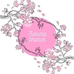 Tender pink colored circle with text Sakura branch in layout with sketch of tree blooming branches. 