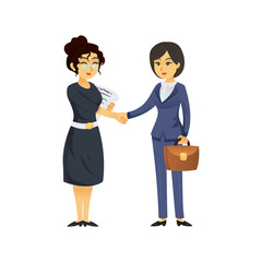 Multiethnic adult business women standing and shaking hands on white background.