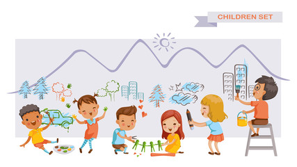 Children art group. Cute kids painting and drawings on the wall. Children's Growing Learning Concept. Funny cartoon character. Vector illustration. Isolated on white background.