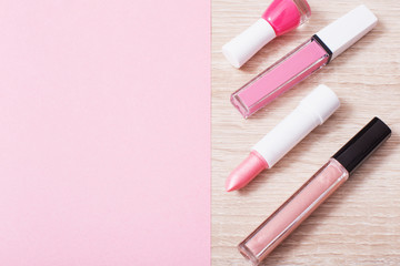 female pink cosmetics, top view