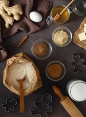 Set ingredients cooking festive Christmas gingerbread cookies kitchen top view