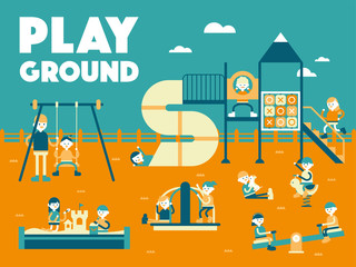 Children playing in the playground. vector flat design illustration set 