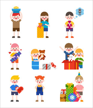 Children receiving presents. vector flat design illustration set 