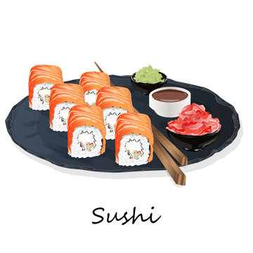 Illustration of roll sushi with salmon, prawn, avocado, cream cheese. Sushi menu. Japanese food isolated.