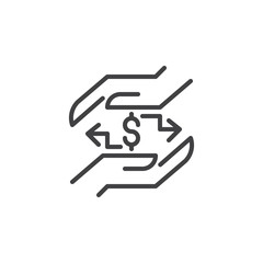 Hands with dollar exchange sign outline icon. linear style sign for mobile concept and web design. simple line vector icon. Symbol, logo illustration. Pixel perfect vector graphics