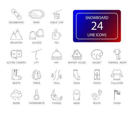 Line icons set. Snowboard pack. Vector illustration	