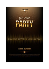 Summer party flyer template. Golden words, spot lights and glitter on dark brown background.