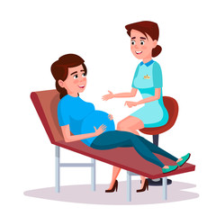 Vector cartoon female pregnant patient at woman gynecologist doctor consultation at clinic. Pregnancy, maternity and baby healthcare concept illustration. Young mother prenatal care, checkup