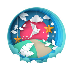 Dove illustration. Cartoon paper landscape. Vector eps 10